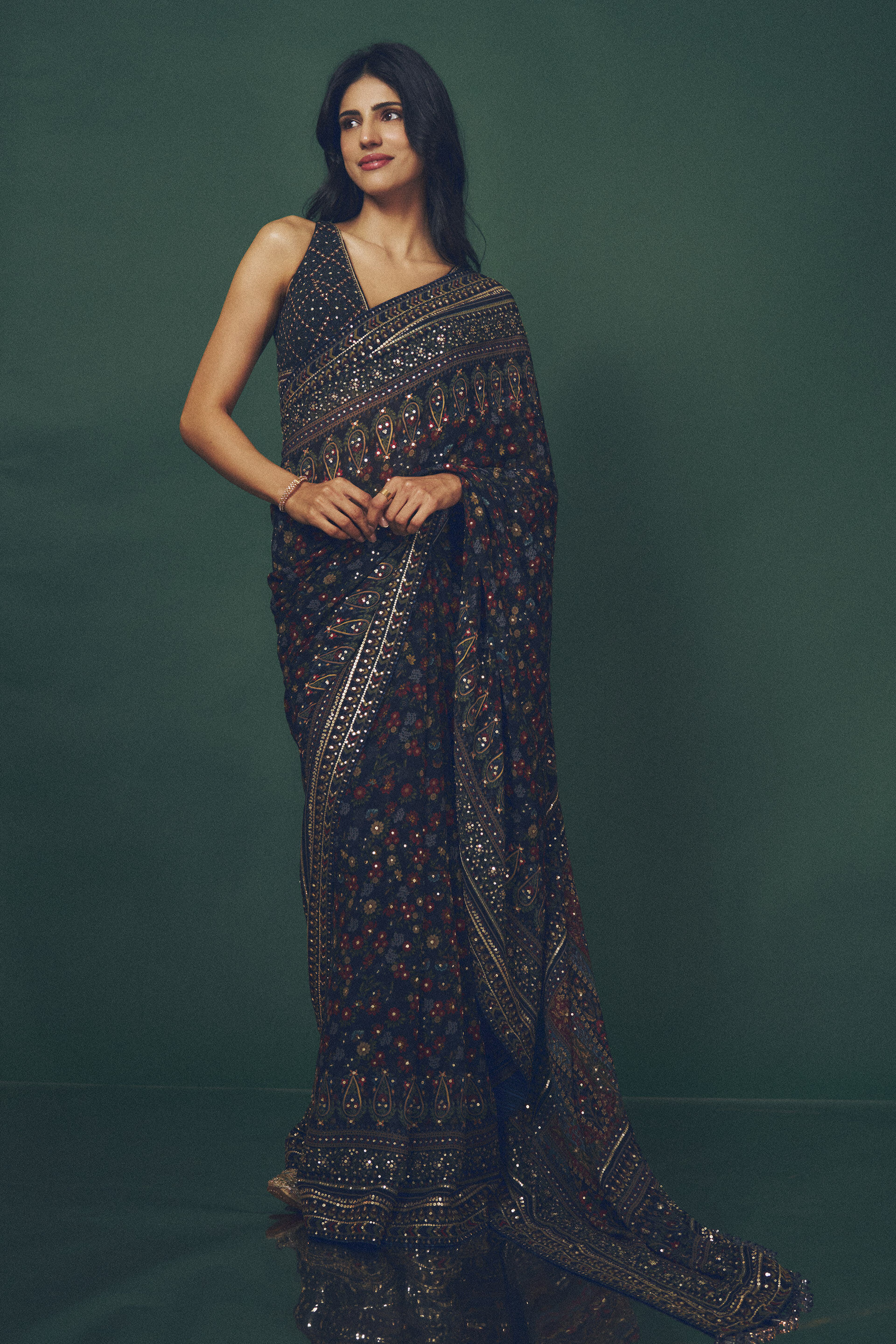 Amalaka Sequin Georgette Saree - Blue, , image 1